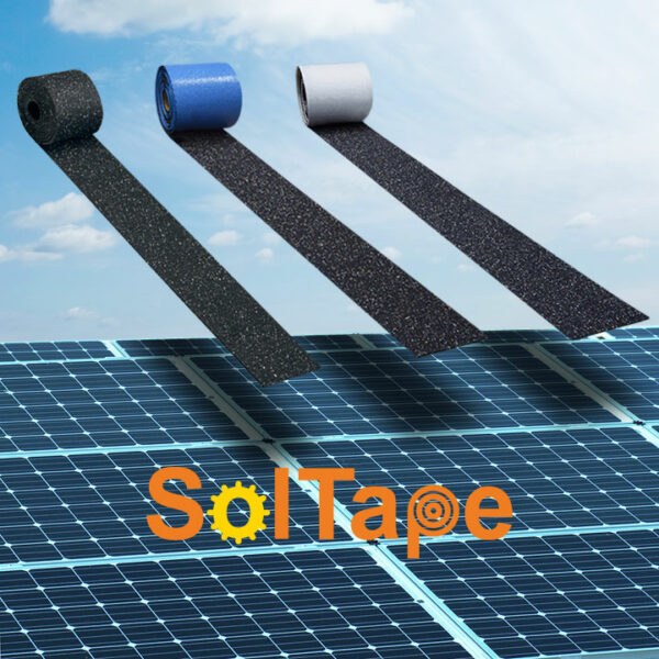 SolTape Schutzstreifen für Solar und Photovoltaik, Schutz Photovoltaikanlage, Schutz Solaranlage (Nahaufnahme Solaranlage mit Produkt SolTape und SolTape Logo)