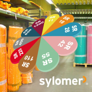 Sylomer, Dämpfung, Vibrationsdämpfung, Polyurethanelastomere, grafische Darstellung verschiedene Typen (Lagerhalle im Hintergrund)